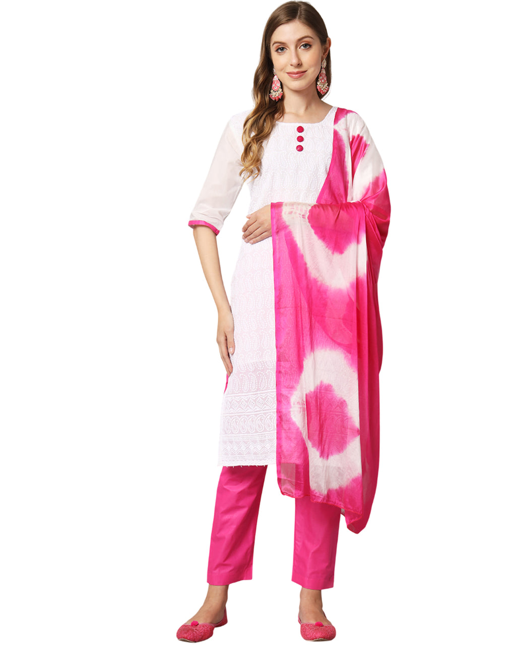 Cotton blend chikenkari kurta set with dupatta
