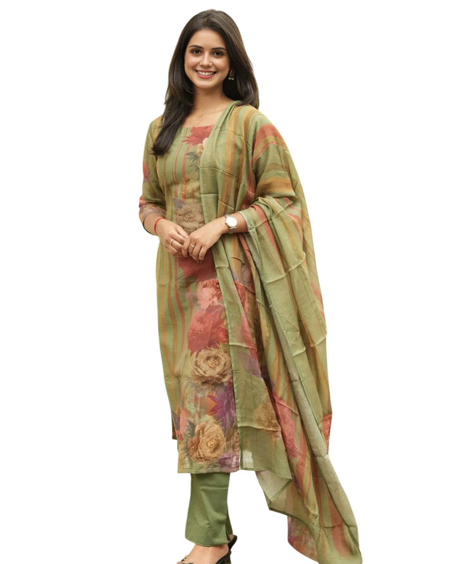 Olive Bloom Rayon Printed Kurta Set with Dupatta