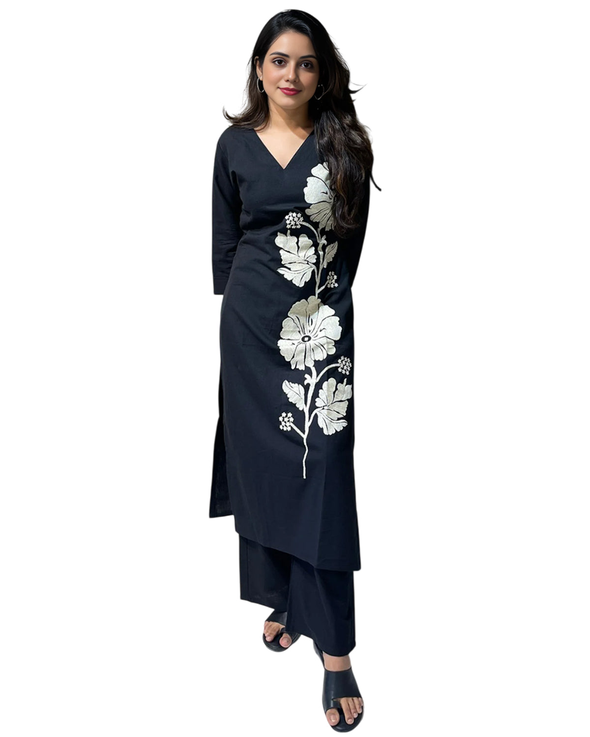 Women Black Floral Rayon Slub Kurta Pant Set