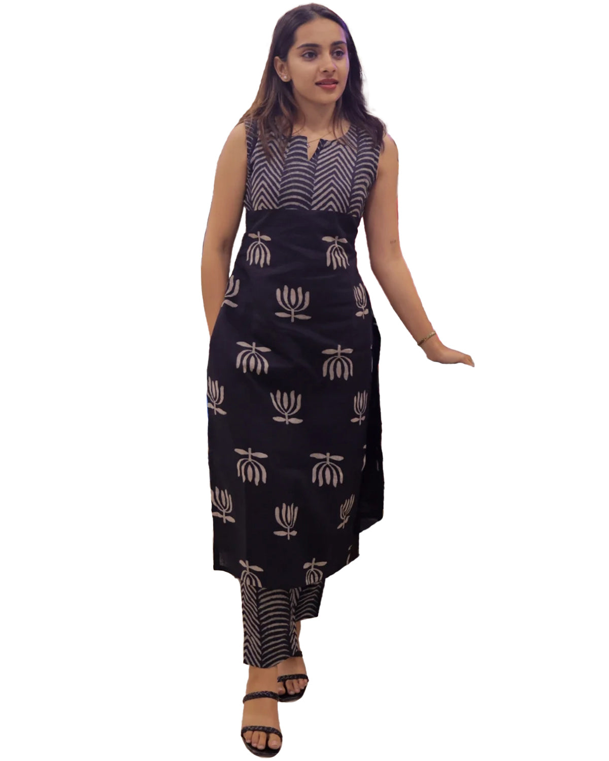 Women’s Rayon Butti Handblock Print Calf Length Straight Kurta Set