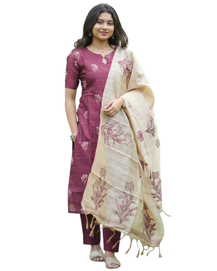 Elegant Women’s 3 Piece Chanderi Silk Kurta with Pant & Dupatta