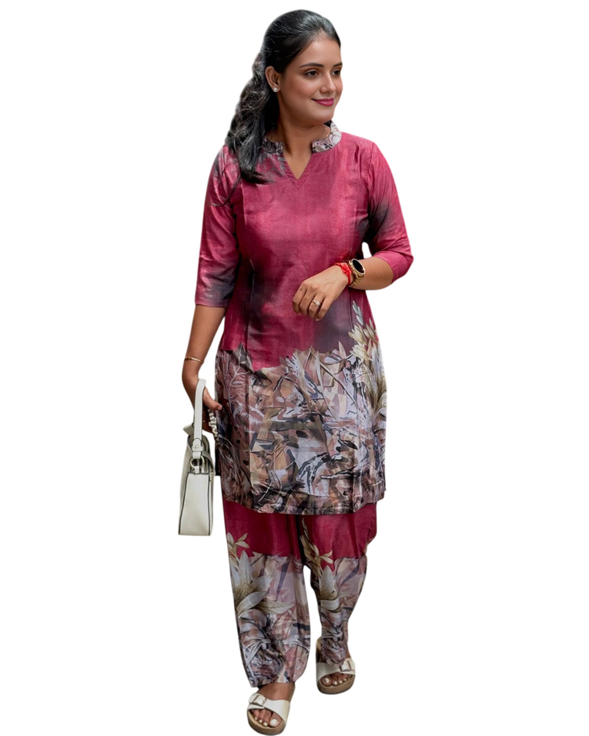 Maroon Printed Cotton Blend Kurta Set for Women