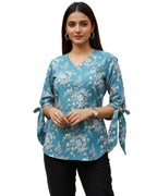 Women’s Cotton Floral Printed V-Neck Tunic Top with Tie-Up Sleeves