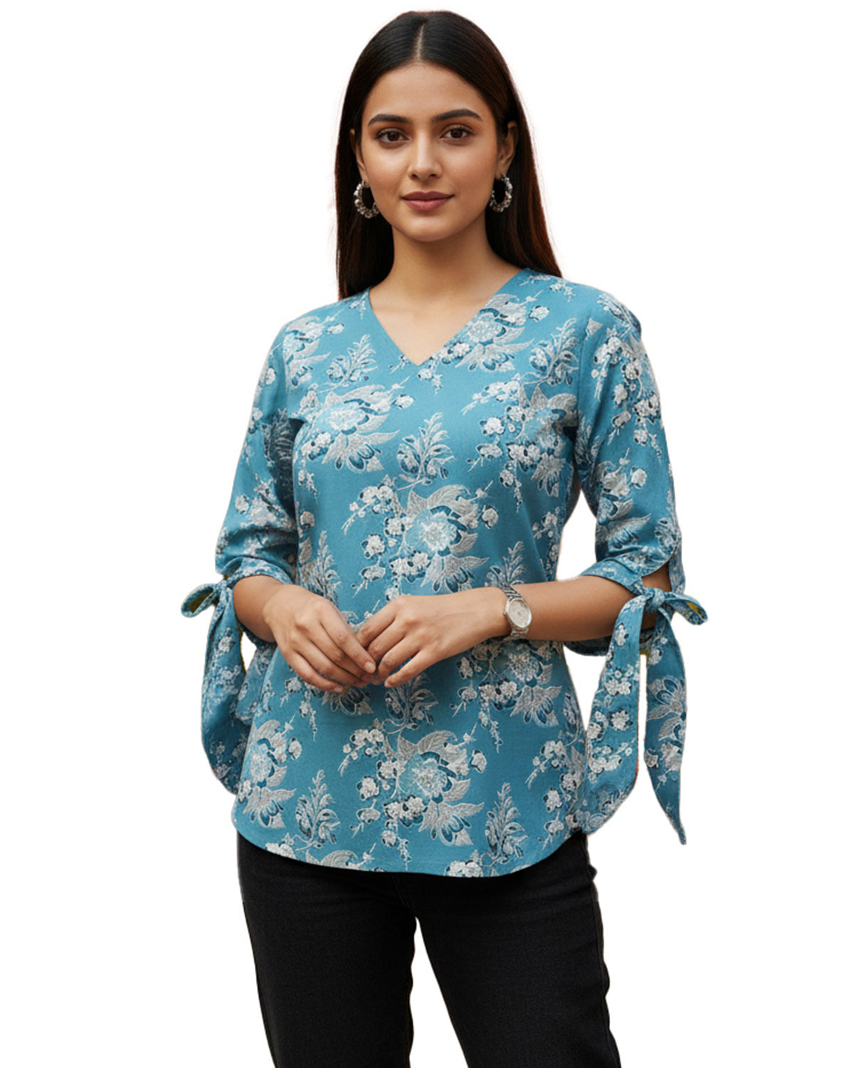 Women’s Cotton Floral Printed V-Neck Tunic Top with Tie-Up Sleeves