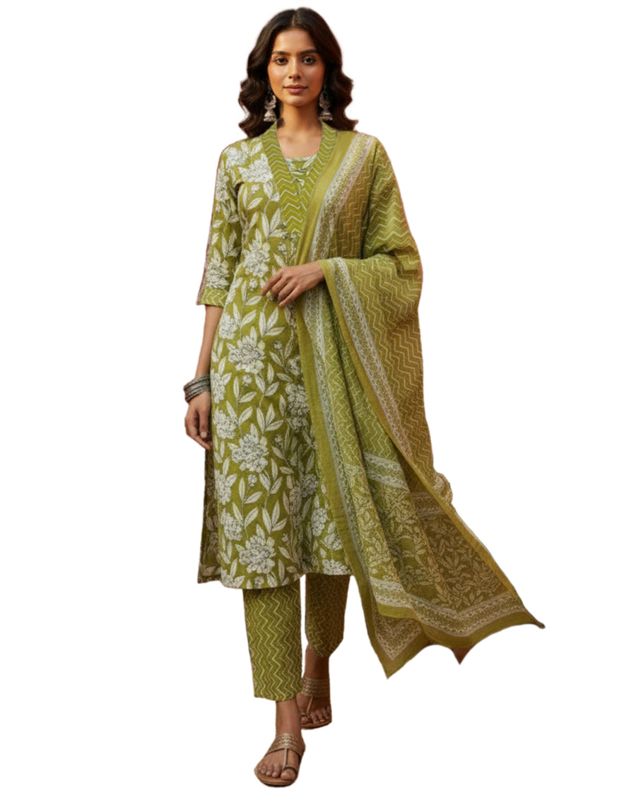 Women’s Cotton Floral Printed Straight Kurta Set with Pant & Dupatta