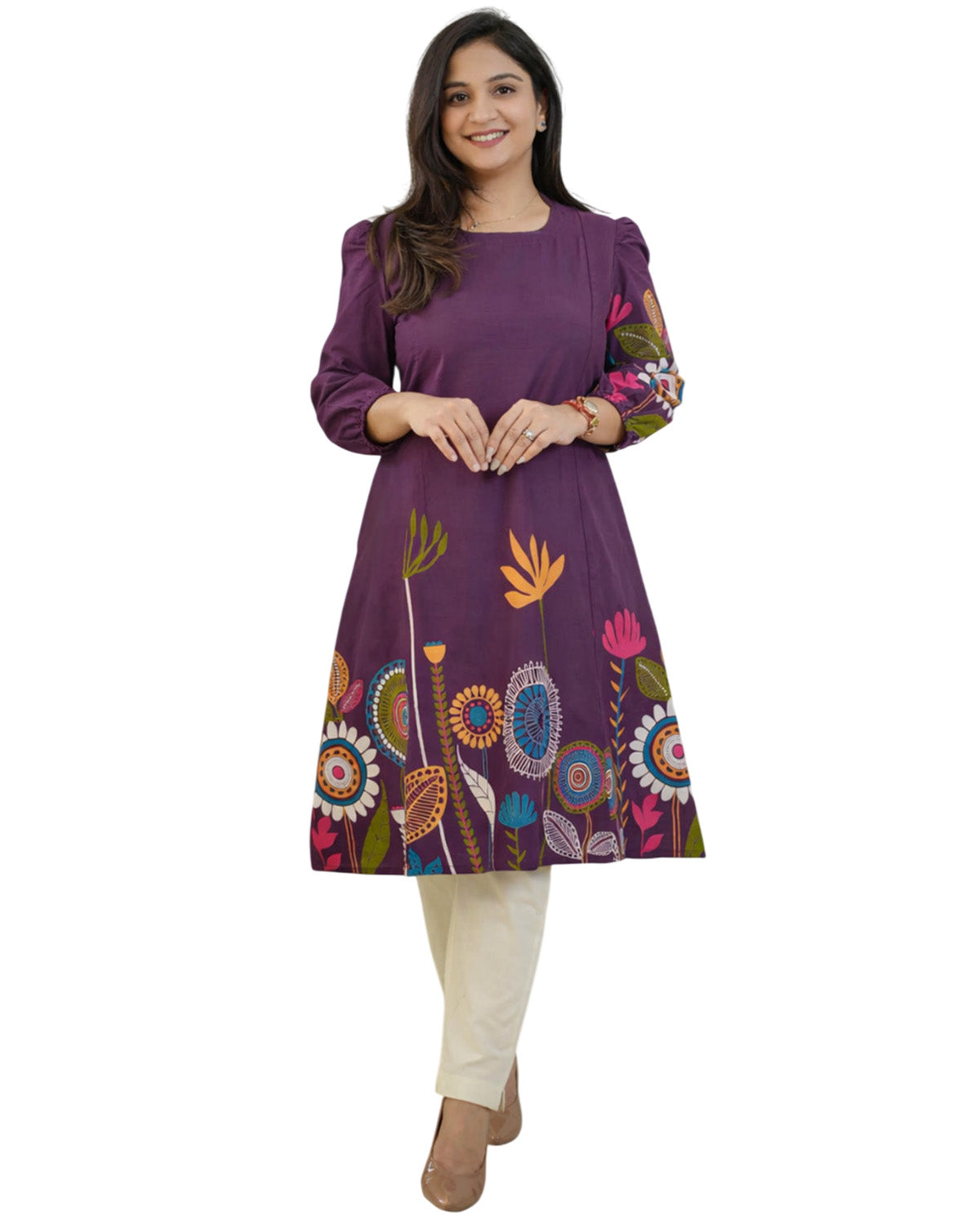 Purple Floral Printed Rayon A-Line Knee Length Kurti for Women
