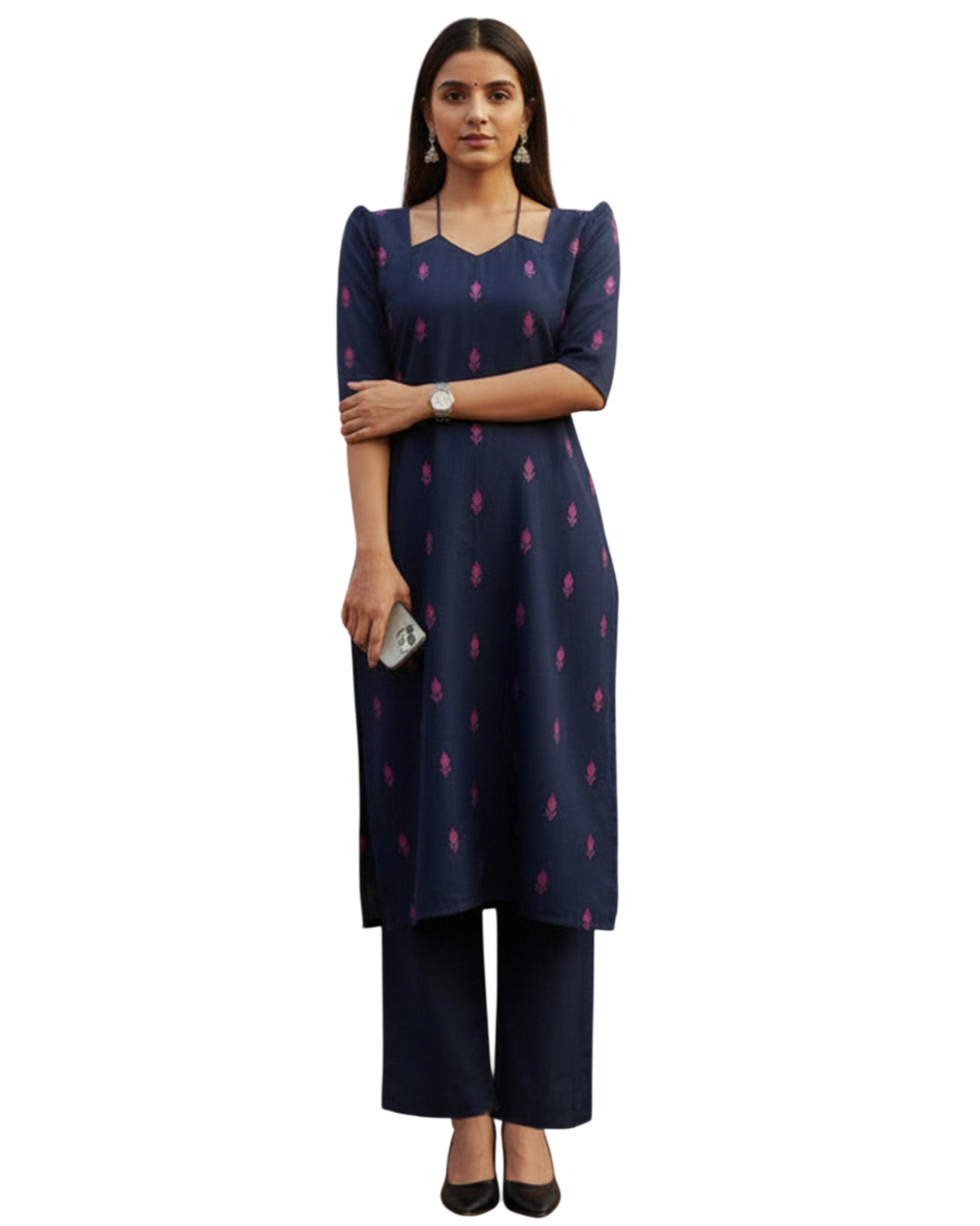 Women Navy Blue Printed Cotton Kurta Set