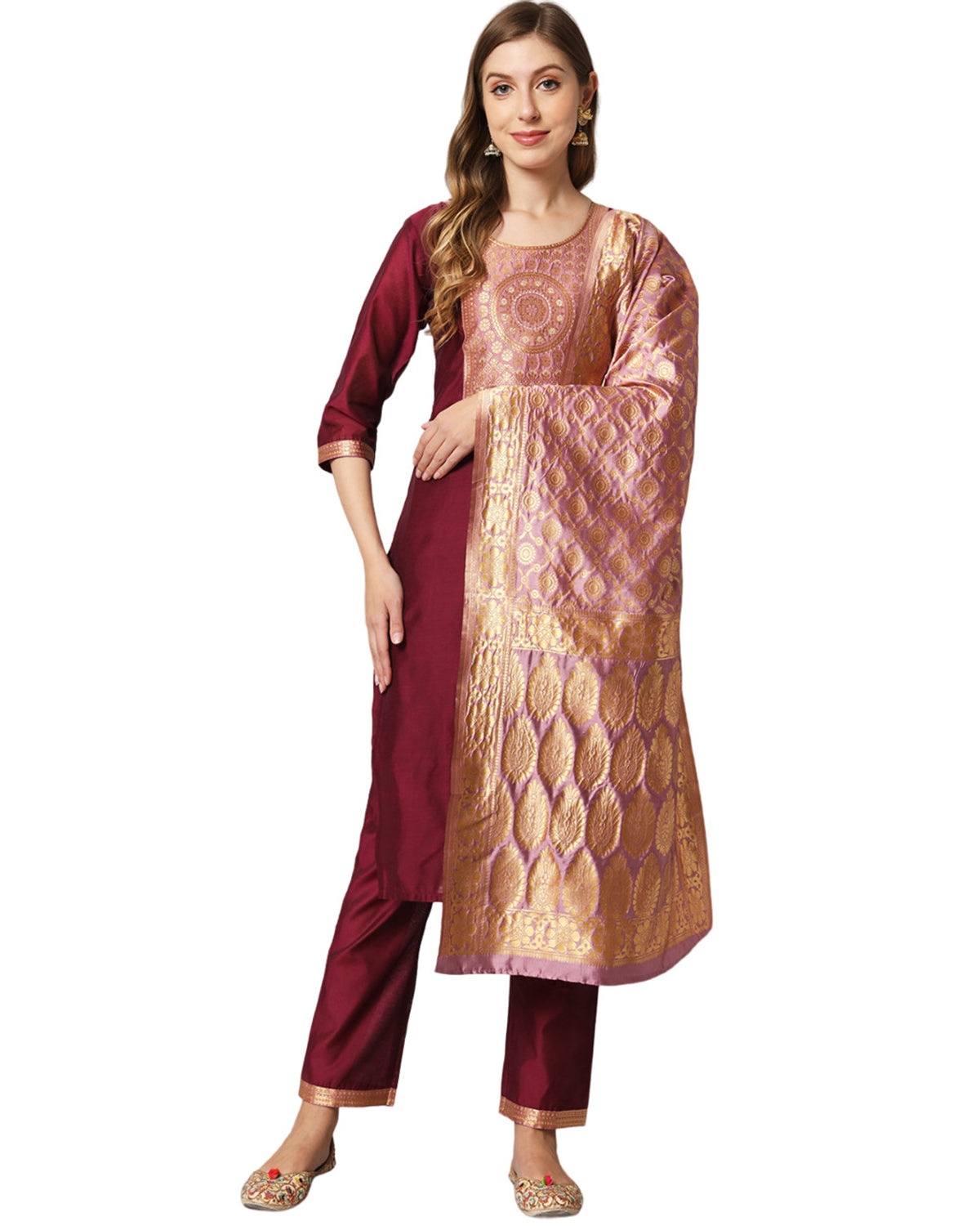 Silk blend jacquard gala kurta set  with dupatta
