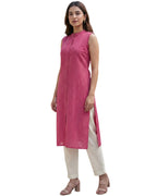 Women Pink Handloom Cotton Straight Calf Length Sleeveless Kurta