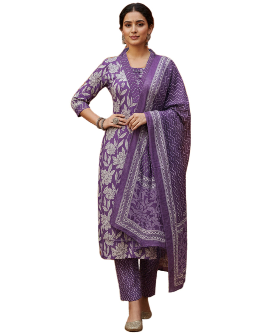 Women’s Cotton Floral Printed Straight Kurta Set with Pant & Dupatta