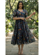 Chanderi Printed Fit and Flare Midi Dress for Women
