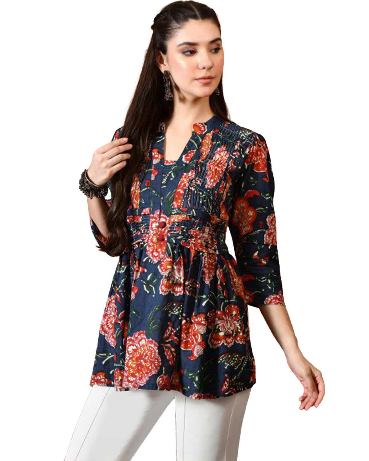Women’s Cotton Floral Printed V-Neck Pleated Tunic Top