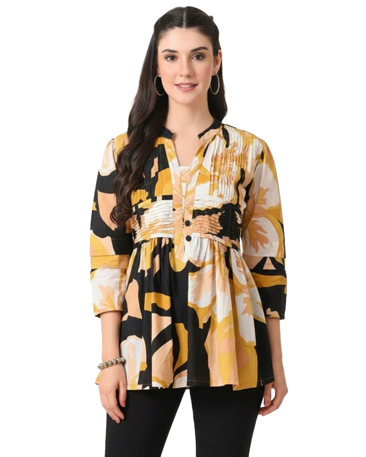 Women’s Cotton Abstract Printed Pleated Yoke Top