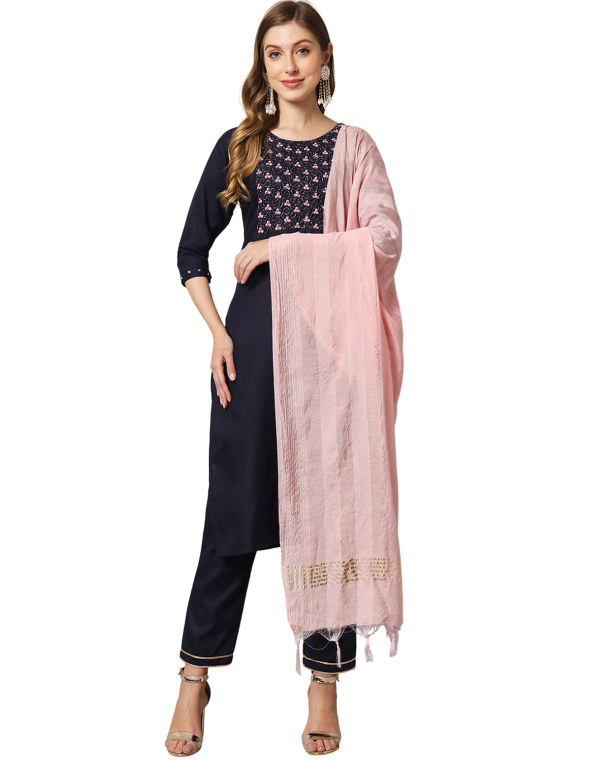 Cotton blend hand embroidery kurta set with dupatta
