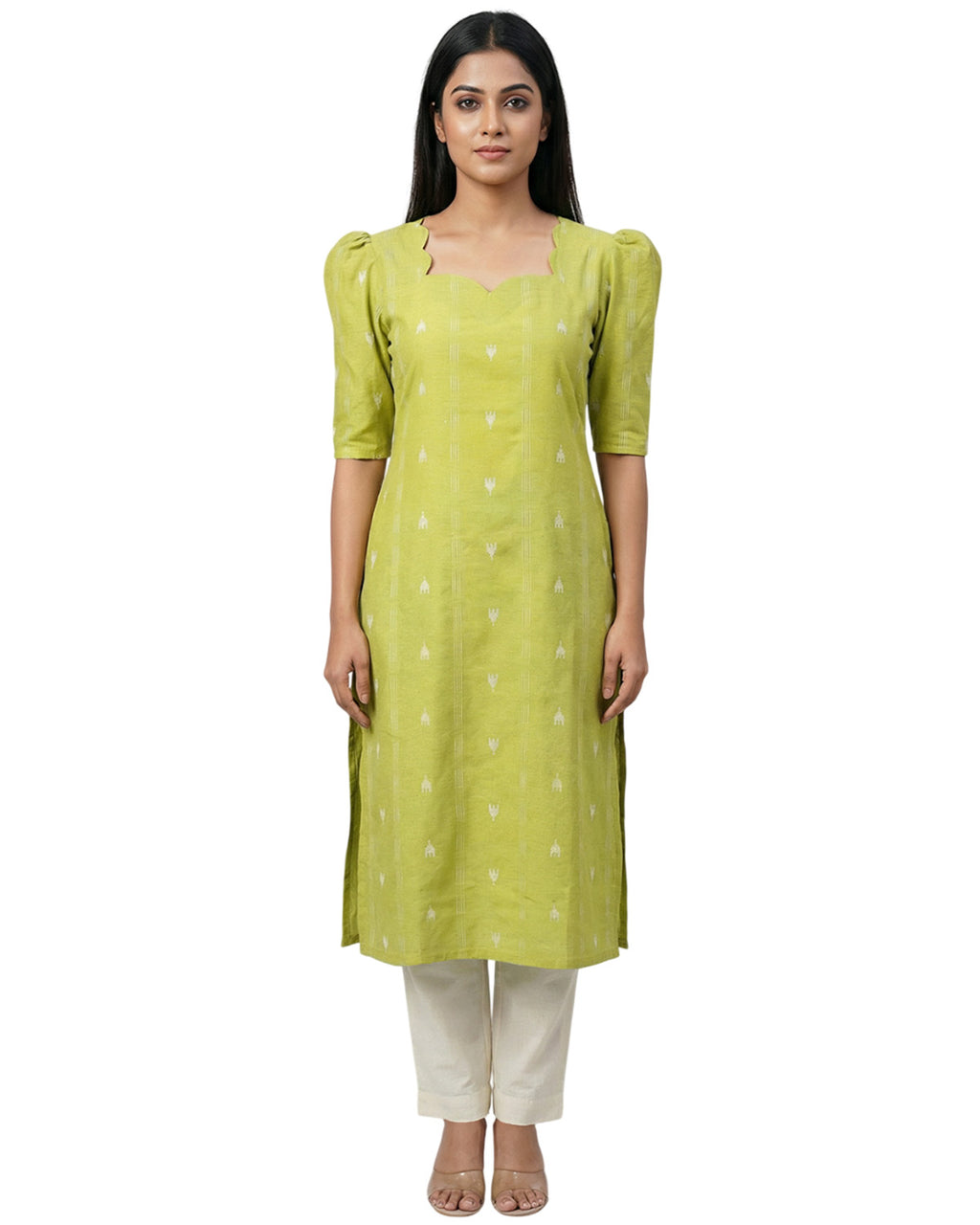 Women Green Handloom Cotton Straight Calf Length Kurta