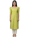Women Green Handloom Cotton Straight Calf Length Kurta