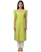 Women Green Handloom Cotton Straight Calf Length Kurta