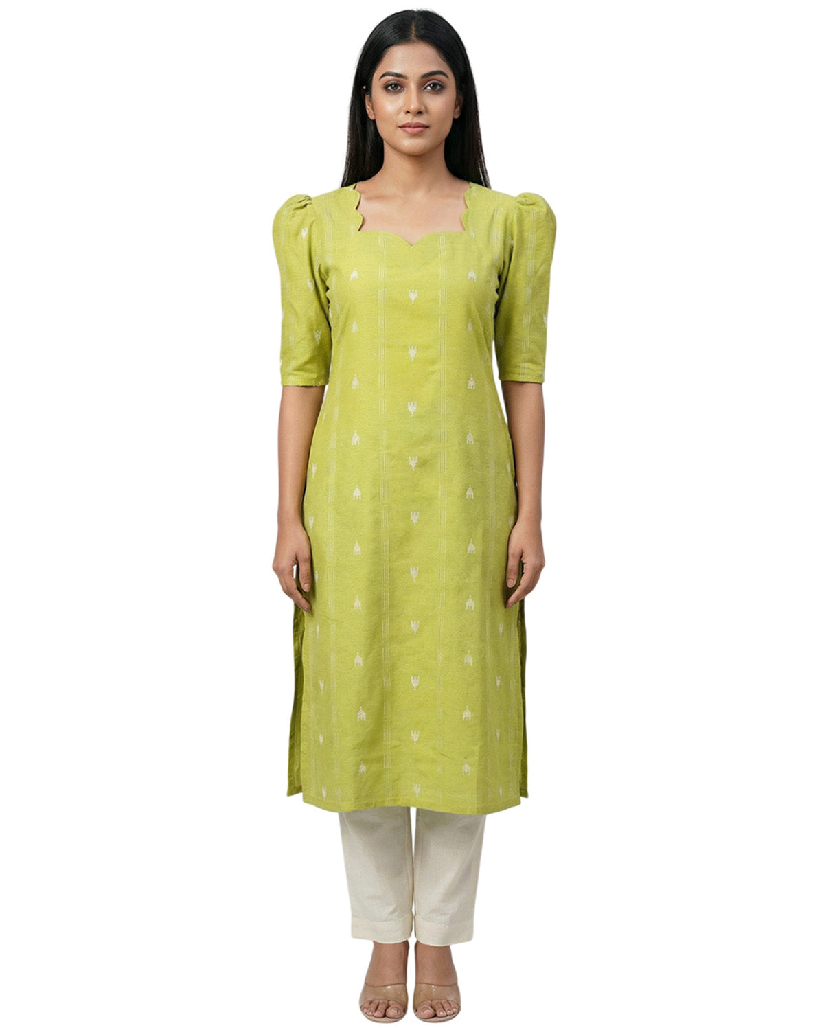 Women Green Handloom Cotton Straight Calf Length Kurta