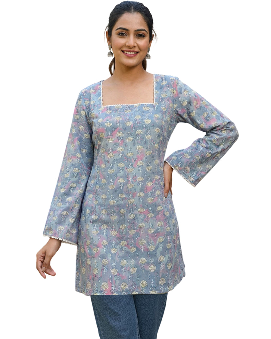 Cotton Blend Printed Straight Short Kurti for Women