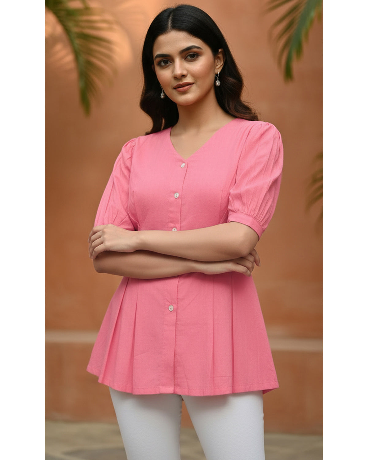 Women’s Peach Cotton V-Neck Peplum Tunic Top