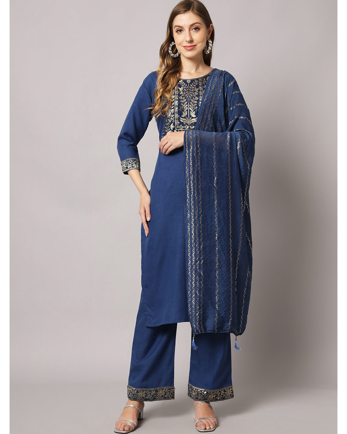 Cotton blend yoke print kurta set with dupatta