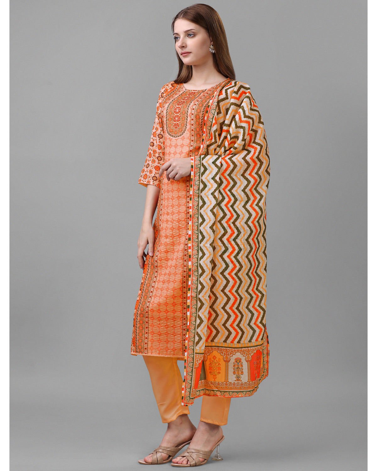 Cotton blend print kurta set with dupatta