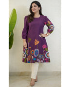Purple Floral Printed Rayon A-Line Knee Length Kurti for Women