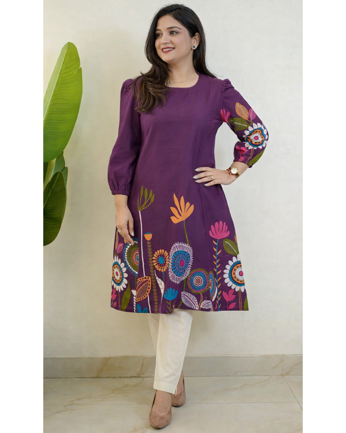 Purple Floral Printed Rayon A-Line Knee Length Kurti for Women
