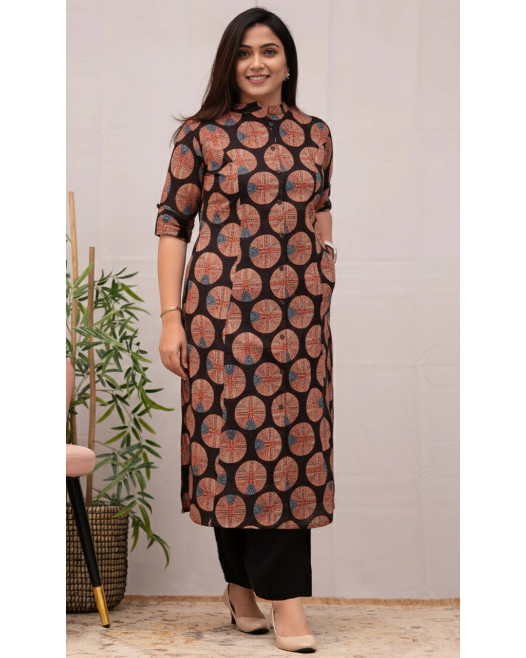 Women Rayon Printed Straight Kurta with Solid Pants