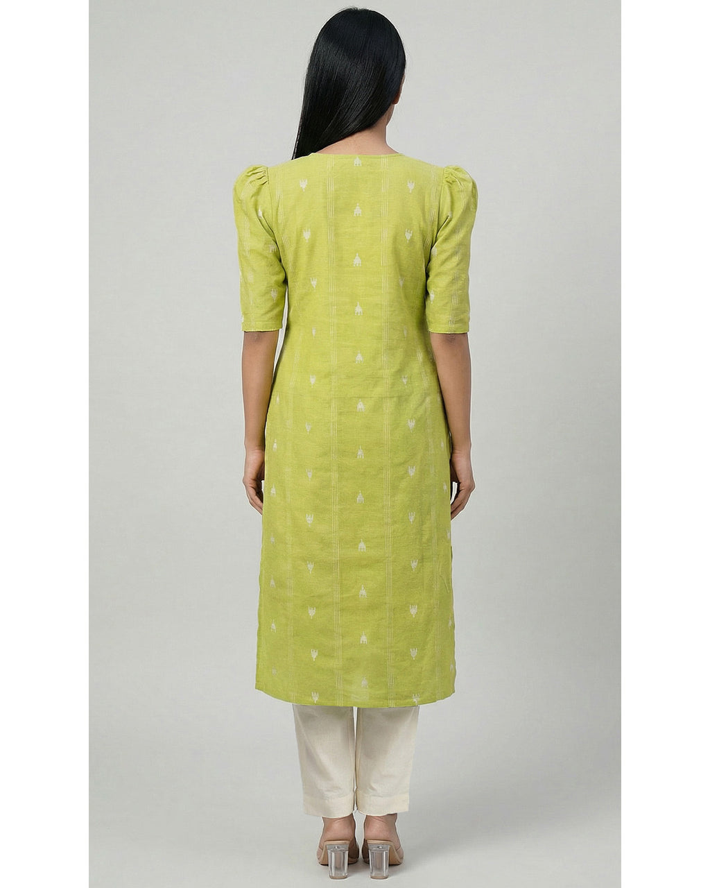 Women Green Handloom Cotton Straight Calf Length Kurta