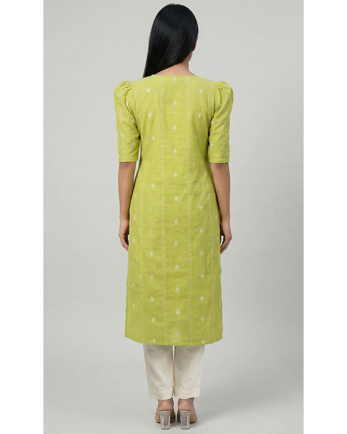 Women Green Handloom Cotton Straight Calf Length Kurta