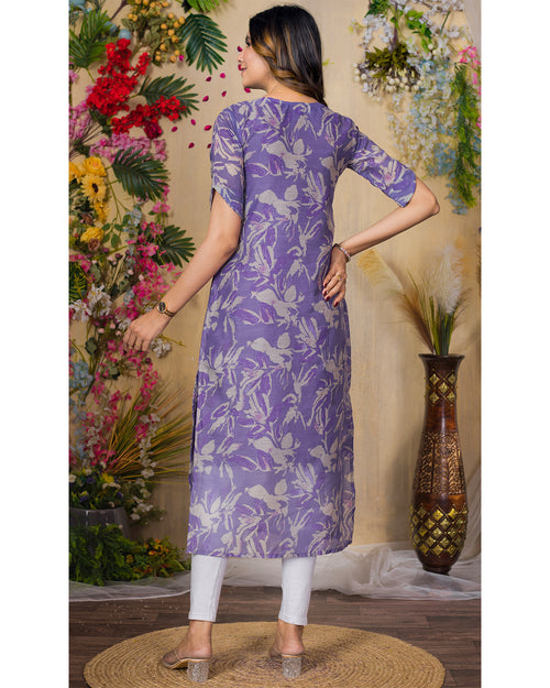 Chanderi Floral Printed Calf Length Kurta For Women KT29_Purple