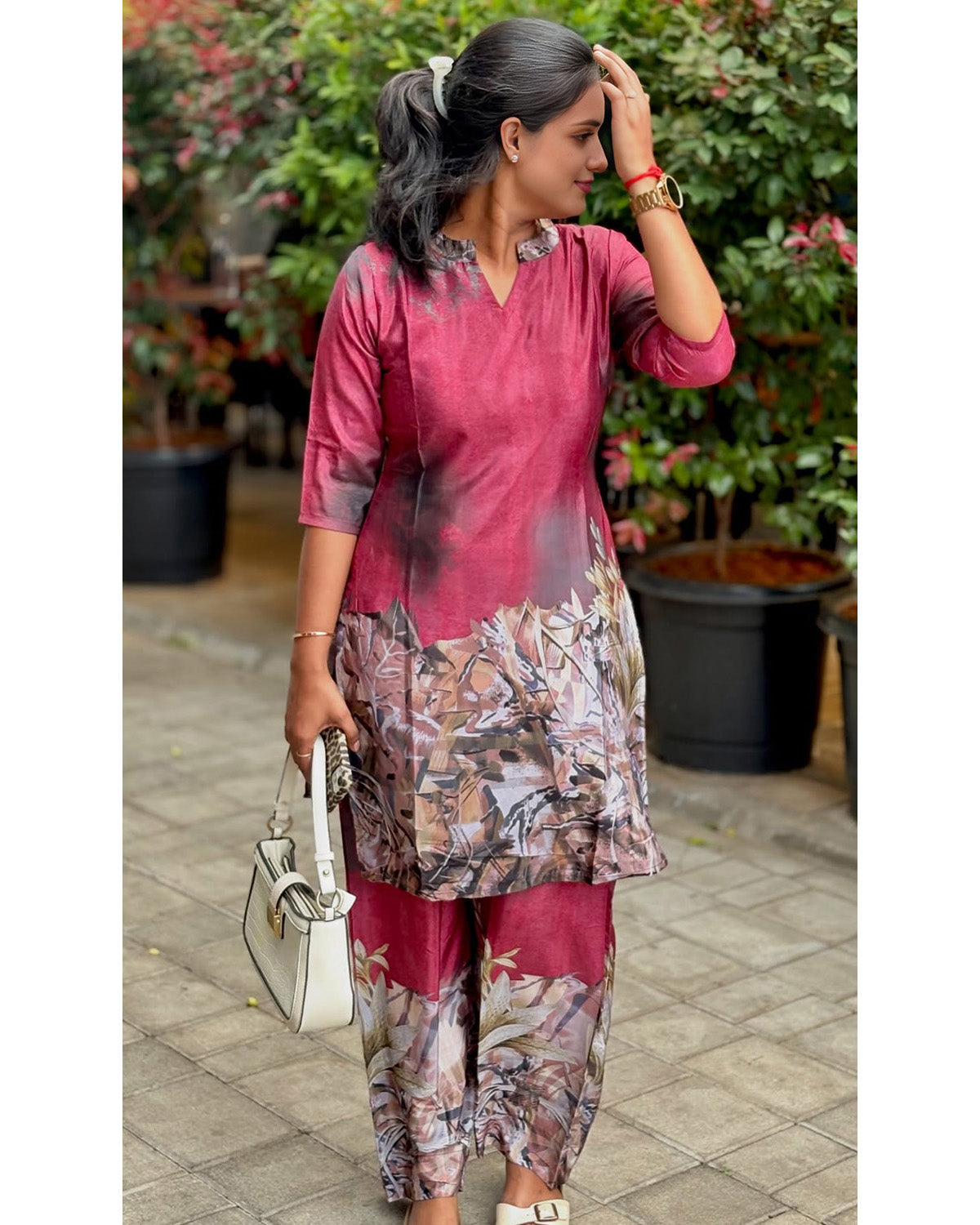 Maroon Printed Cotton Blend Kurta Set for Women