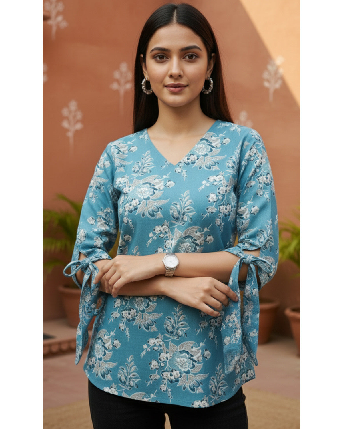 Women’s Cotton Floral Printed V-Neck Tunic Top with Tie-Up Sleeves