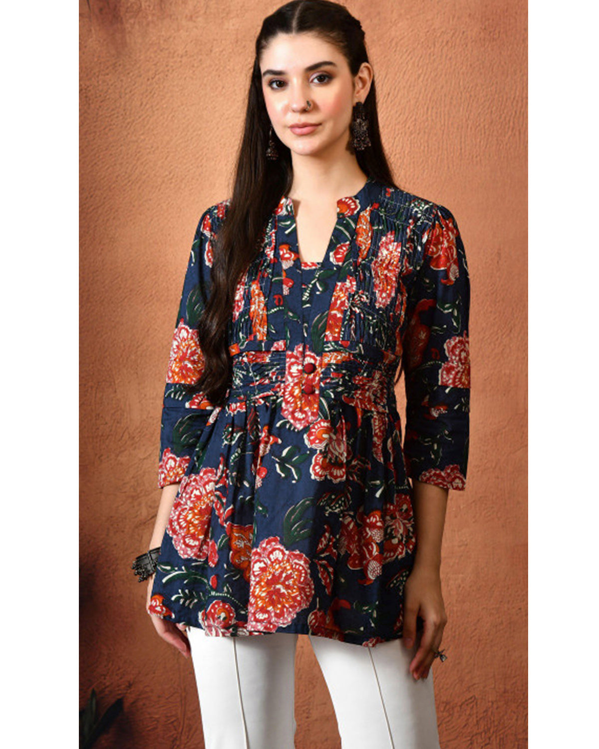 Women’s Cotton Floral Printed V-Neck Pleated Tunic Top