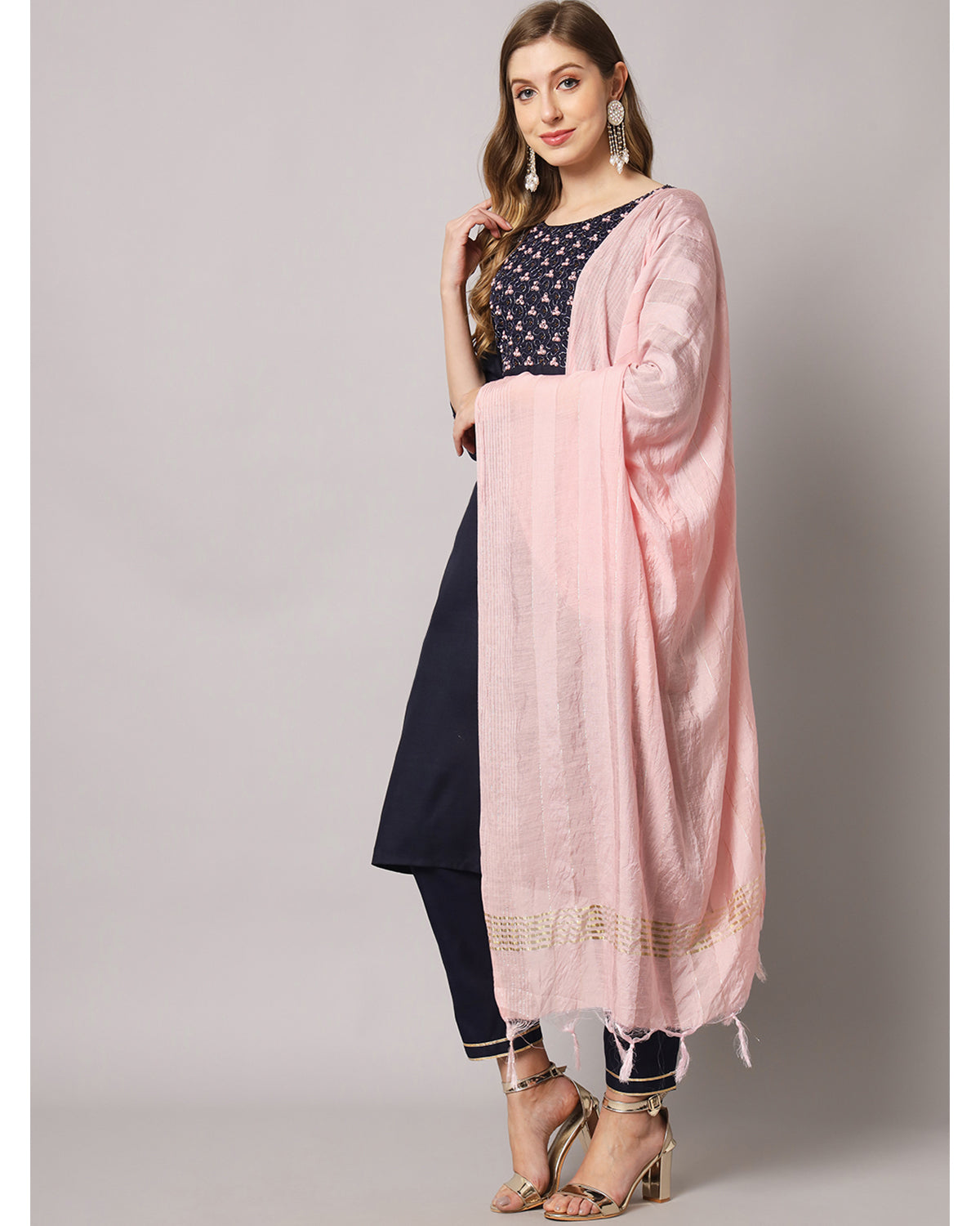 Cotton blend hand embroidery kurta set with dupatta