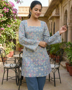 Cotton Blend Printed Straight Short Kurti for Women