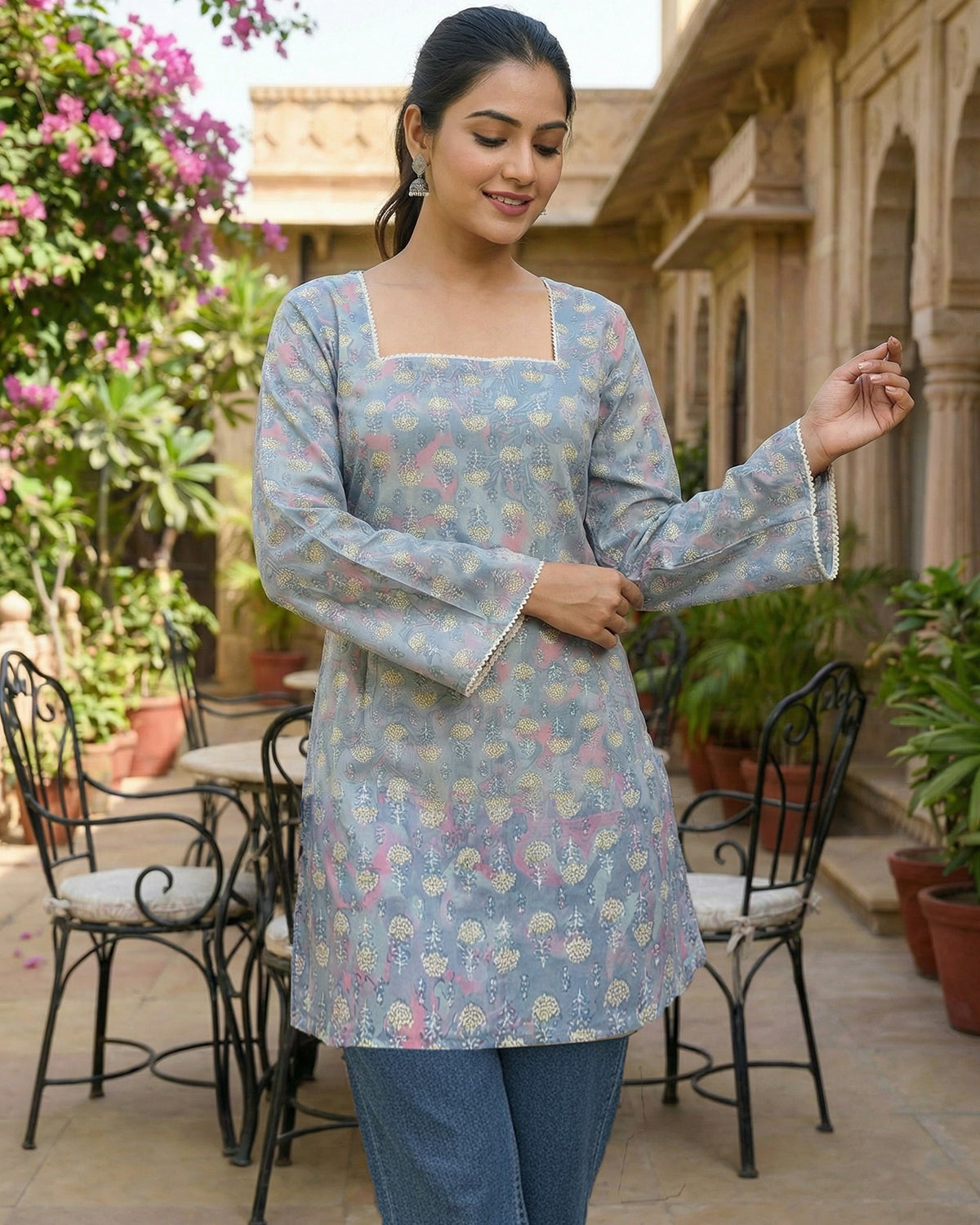 Cotton Blend Printed Straight Short Kurti for Women