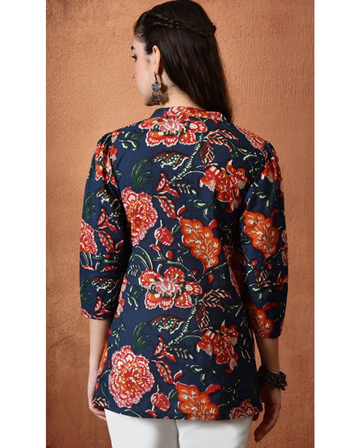 Women’s Cotton Floral Printed V-Neck Pleated Tunic Top