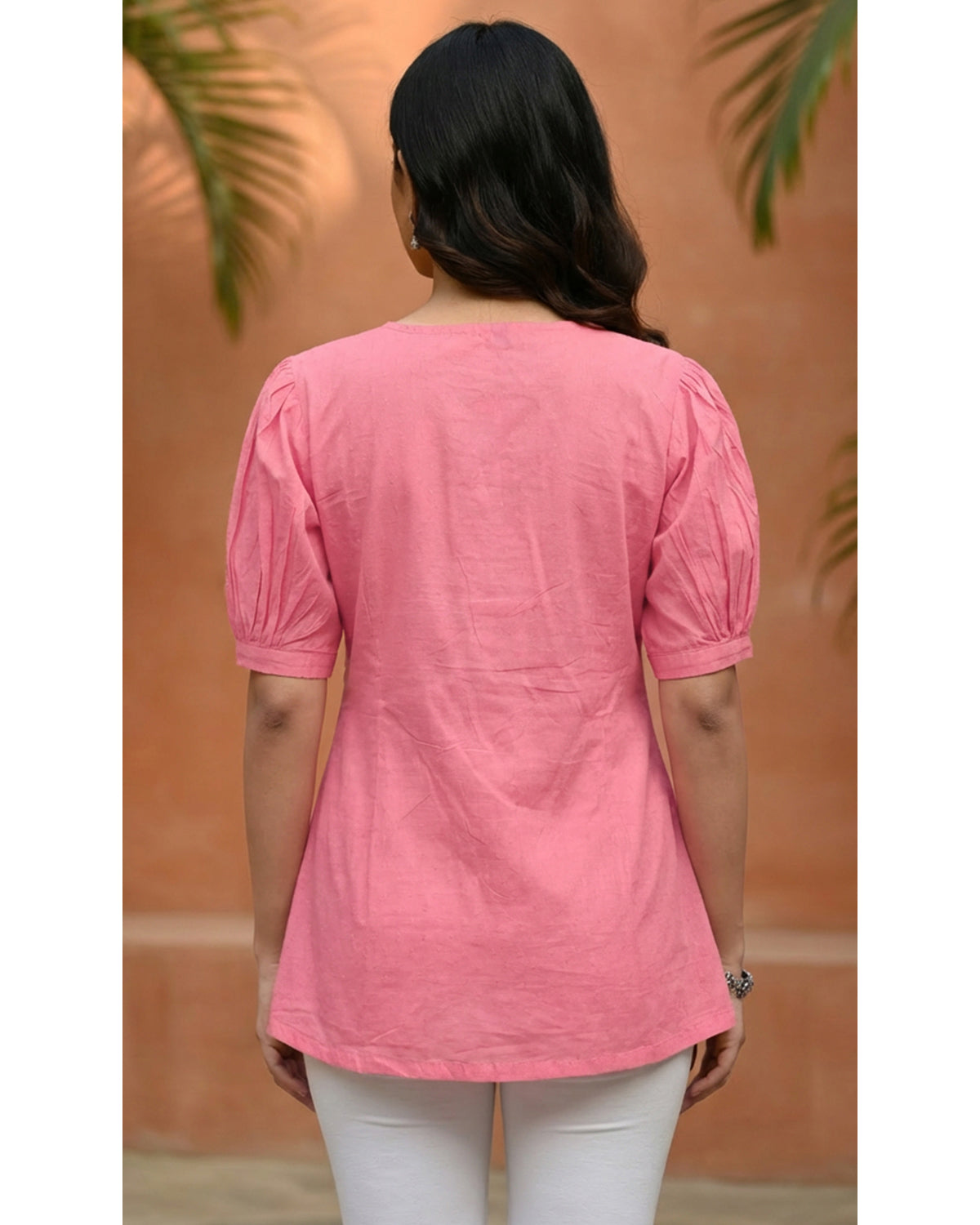 Women’s Peach Cotton V-Neck Peplum Tunic Top