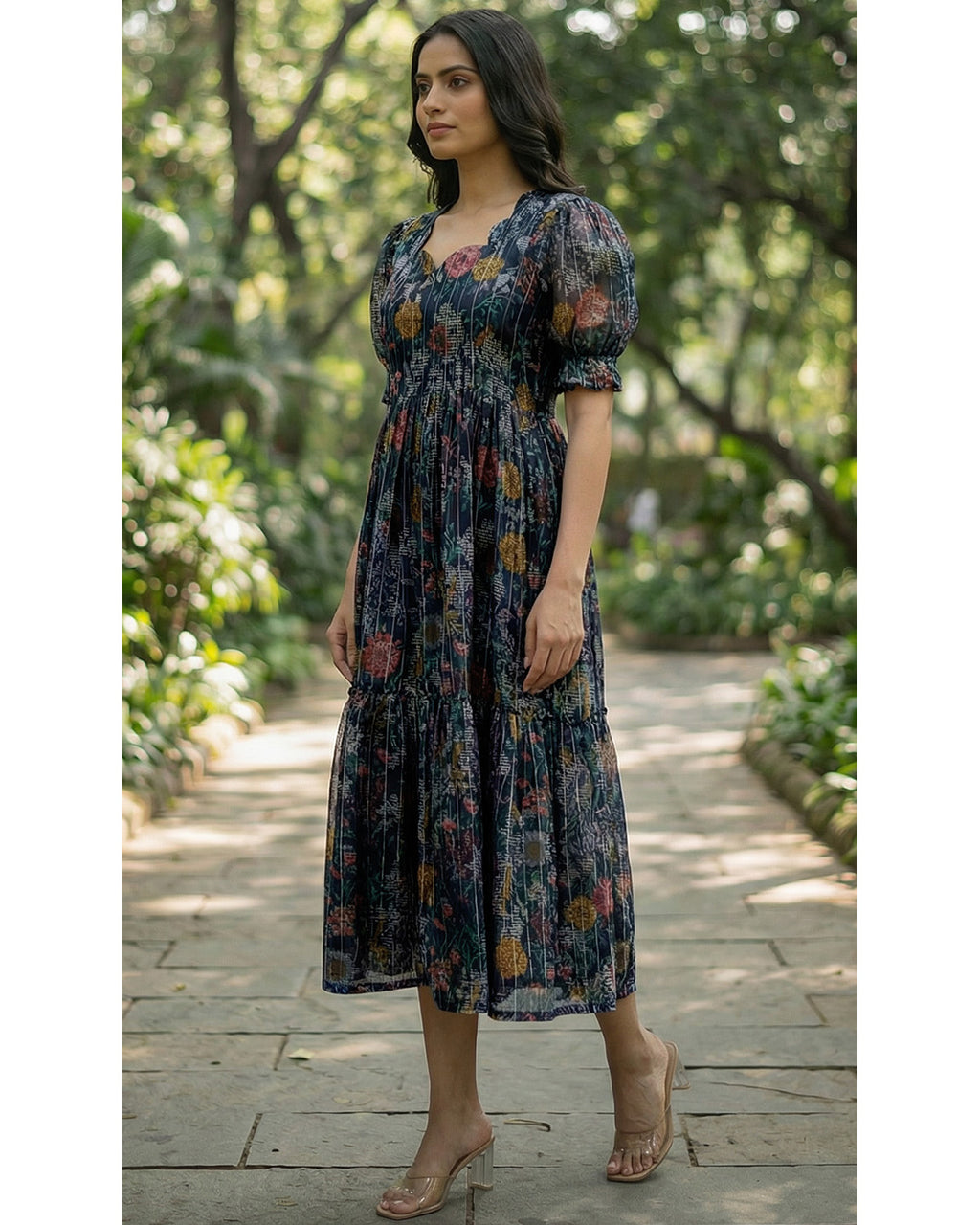 Chanderi Printed Fit and Flare Midi Dress for Women