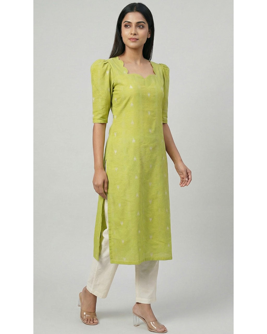 Women Green Handloom Cotton Straight Calf Length Kurta