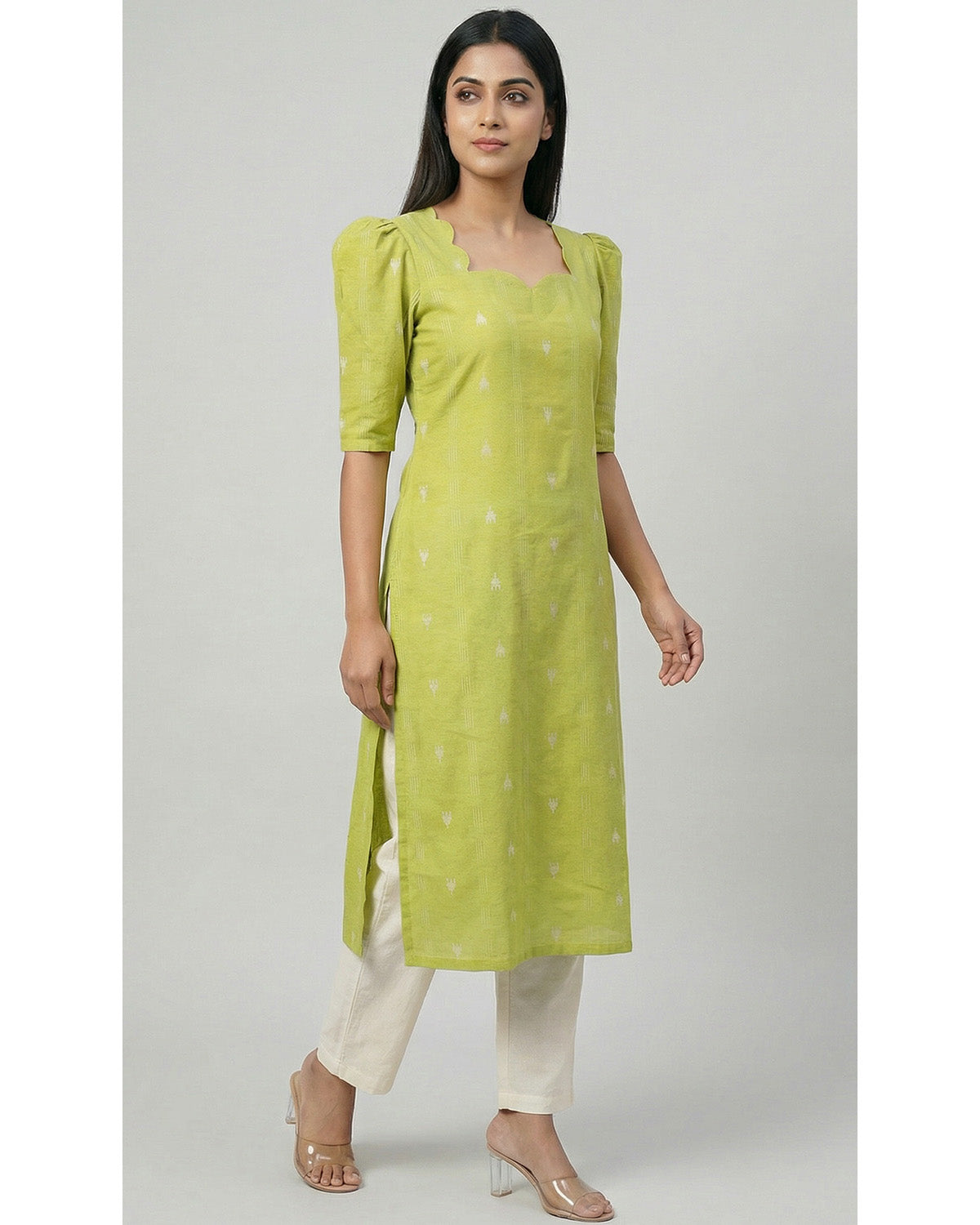 Women Green Handloom Cotton Straight Calf Length Kurta