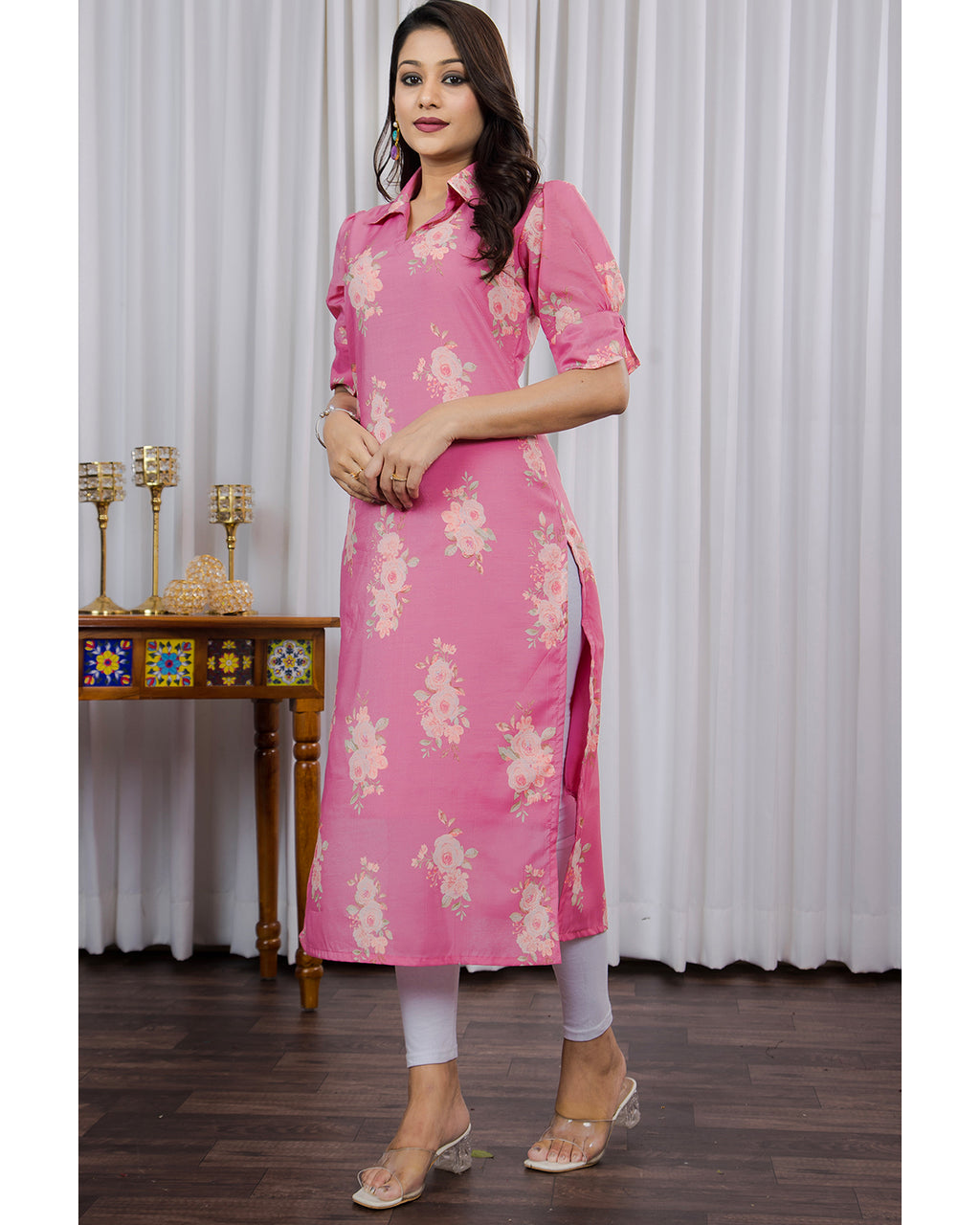 Chanderi Floral Printed Calf Length Kurta For Women
