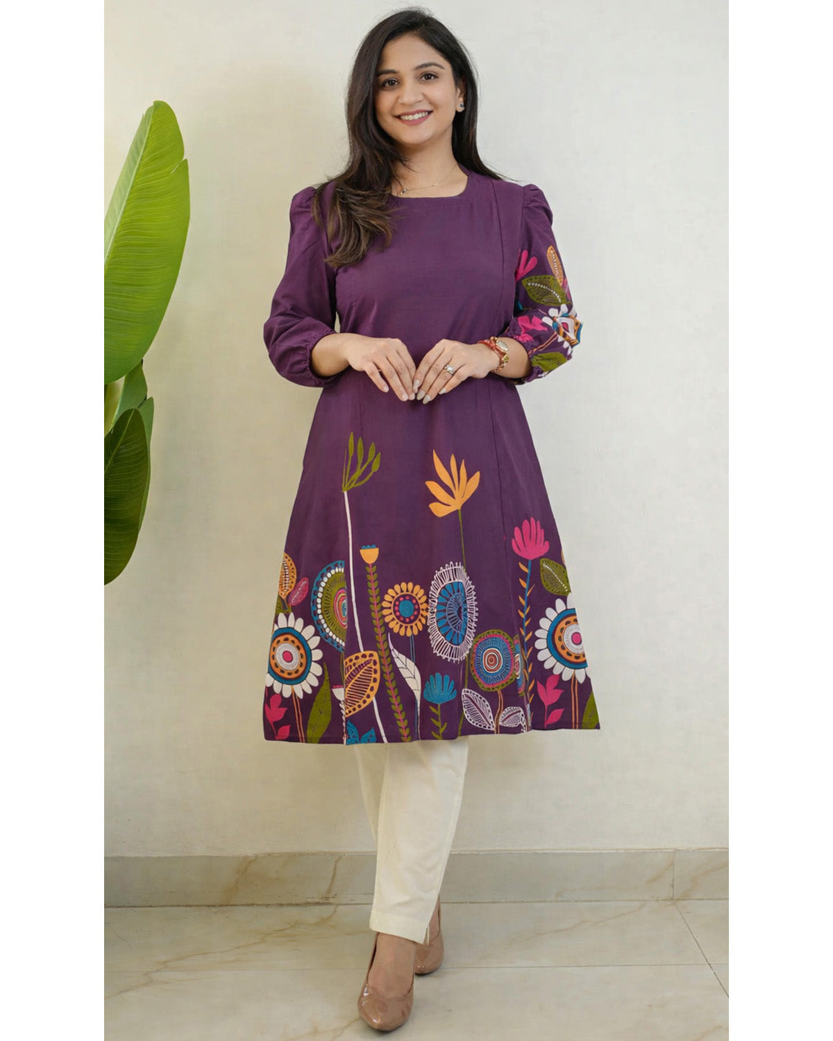 Purple Floral Printed Rayon A-Line Knee Length Kurti for Women