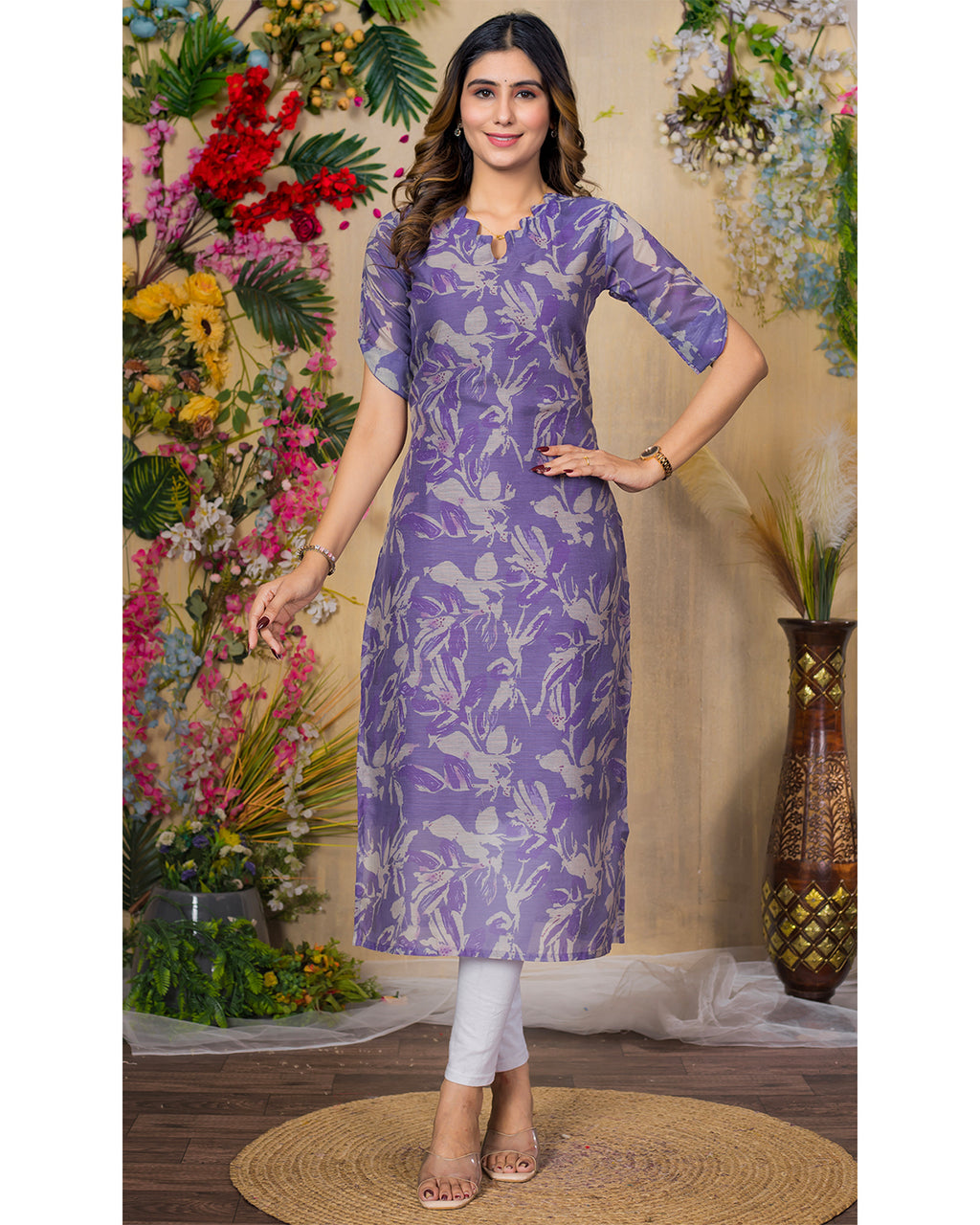 Chanderi Floral Printed Calf Length Kurta For Women KT29_Purple