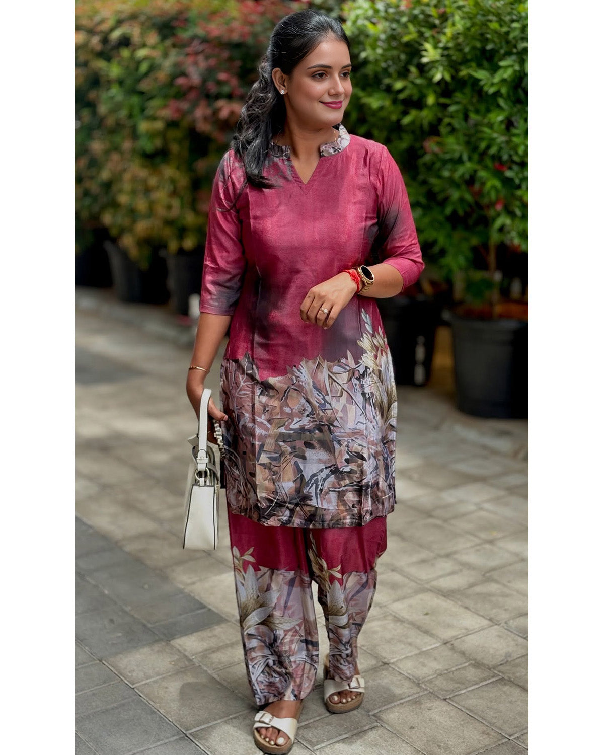 Maroon Printed Cotton Blend Kurta Set for Women