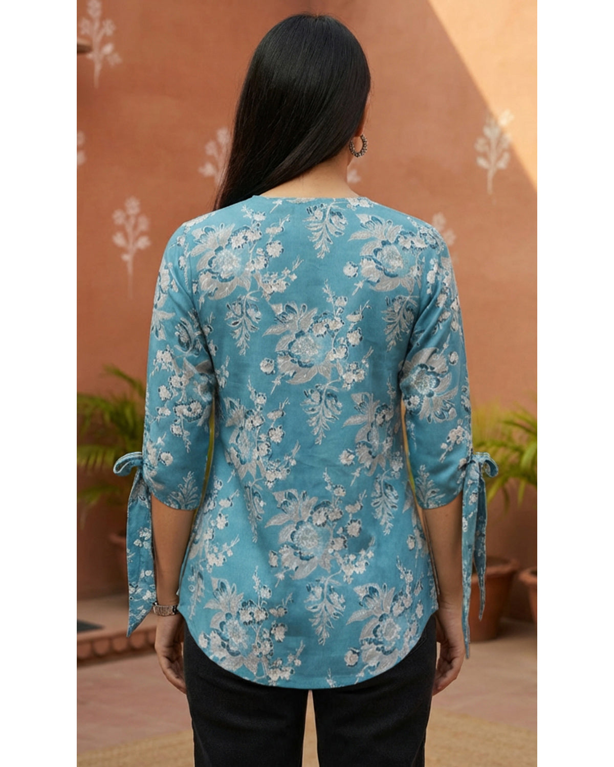 Women’s Cotton Floral Printed V-Neck Tunic Top with Tie-Up Sleeves