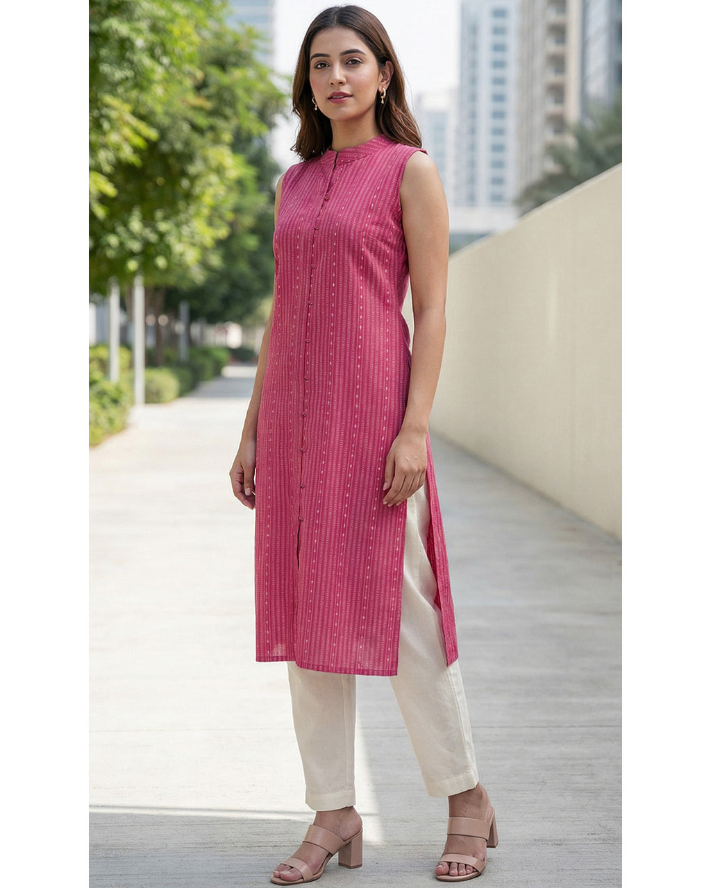 Women Pink Handloom Cotton Straight Calf Length Sleeveless Kurta