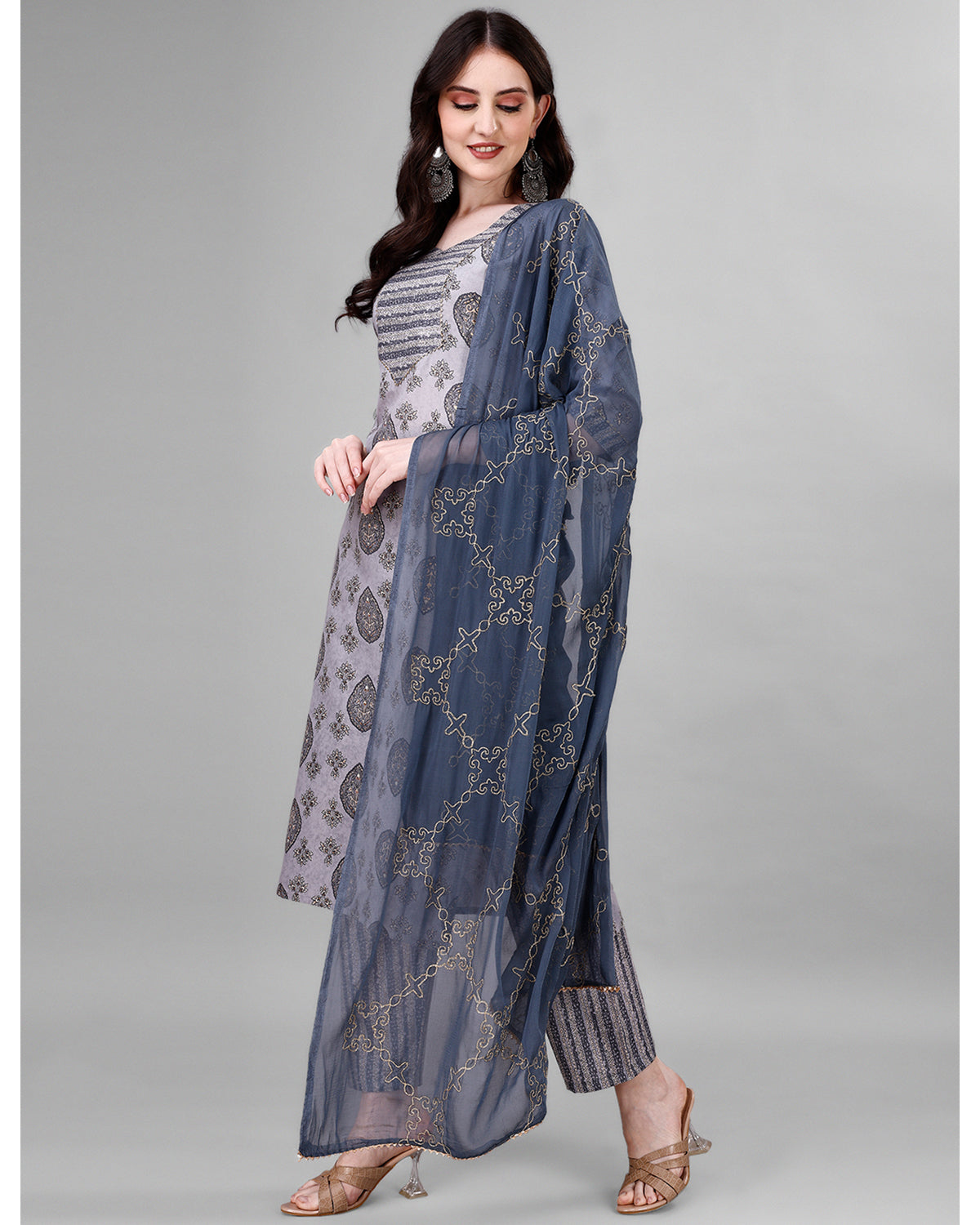Cotton blend print kurta set with dupatta